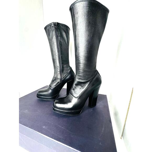Prada Vintage Black Leather Sock Boots Size 38.5 High Block Heel Stretch Shaft - Picture 1 of 12